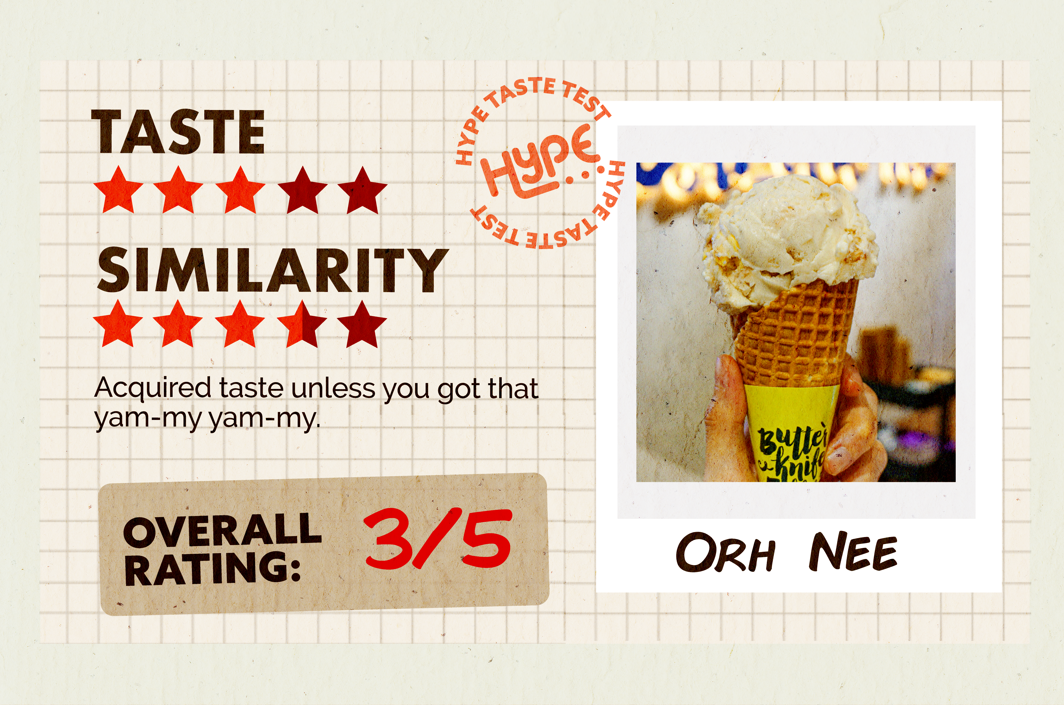 HYPE's rating for Orh Nee ice cream, 3/5