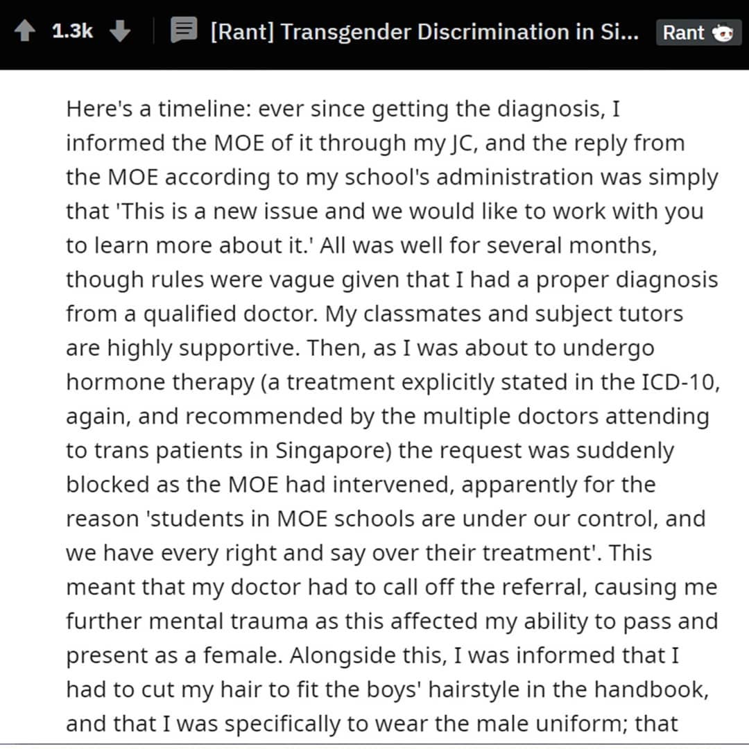 Reddit rant on “Transgender Discrimination in Singapore Schools and MOE’s denial of mental health issues"