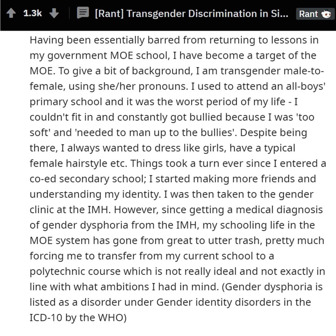 Reddit rant on “Transgender Discrimination in Singapore Schools and MOE’s denial of mental health issues” by studen