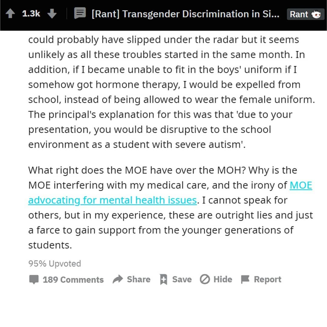 Reddit rant on “Transgender Discrimination in Singapore Schools and MOE’s denial of mental health issues” by studen