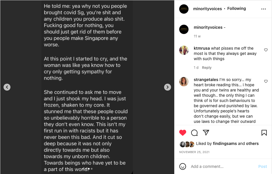 An Indian mother who is six months pregnant with twins anonymously recounted an appalling experience of violent and blatant racism from a Chinese couple who called her unborn children ‘sh*t’; after she confronted them for loudly calling her a ‘leech’ when she patiently waited for them to move from the orange section in the supermarket. Screenshot from Instagram.