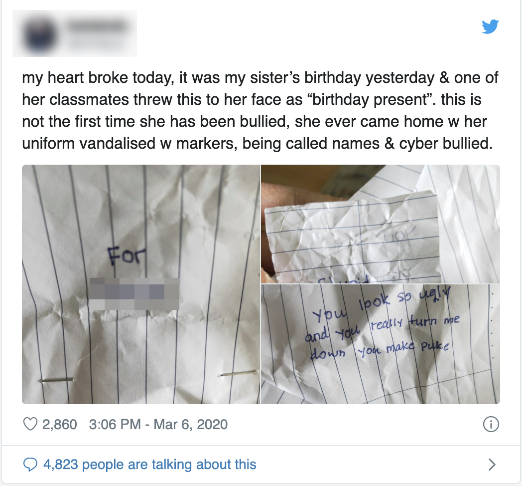 The post was made by the victim’s older sister who revealed how the victim suffered from racist remarks for years as one of the few Malay students in Mee Toh School. Photo taken from Mothership.