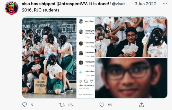 A 2016 image of 10 students in Raffles Institution doing blackface and holding props like whitening lotion, deodorant and fake cash started circulating on social media in June 2020. Screenshot from Twitter.