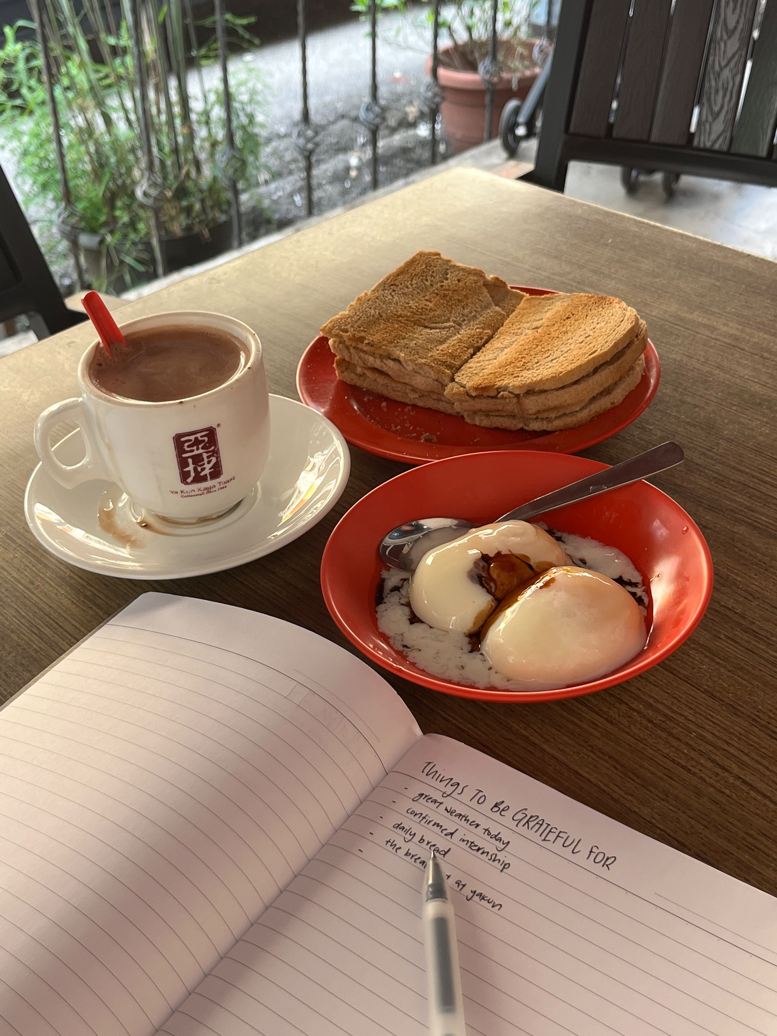 Journaling while having a cup of coffee, toast and eggs.